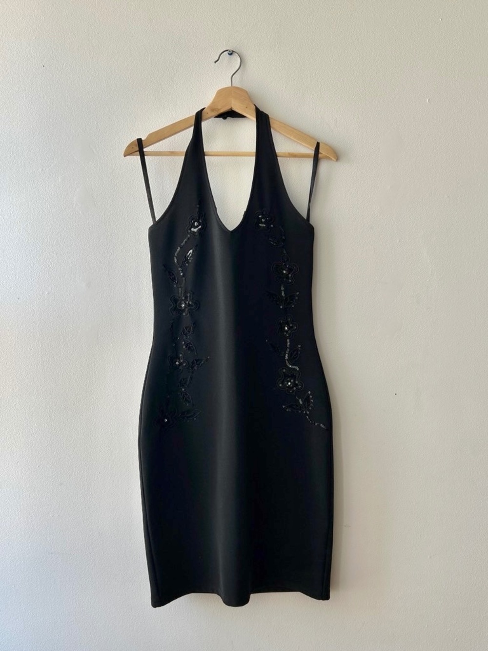 M- Vintage black halter embroidered dress by Joseph Ribkoff Couture
